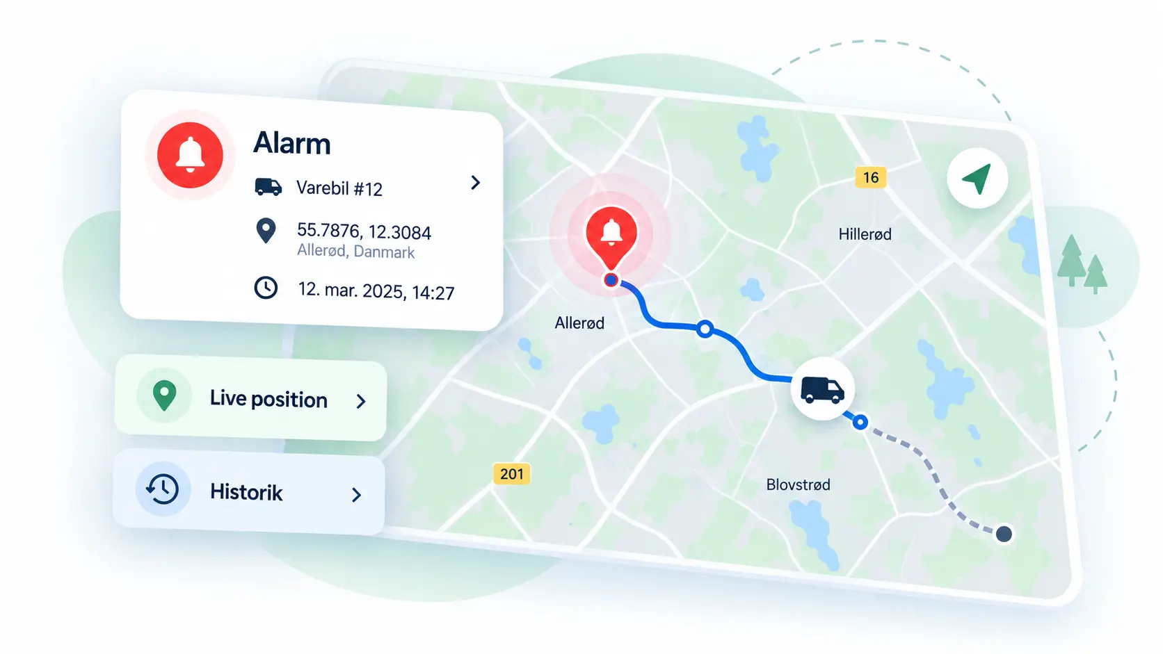 Alarm og h&aelig;ndelse vist i GPS-platformen