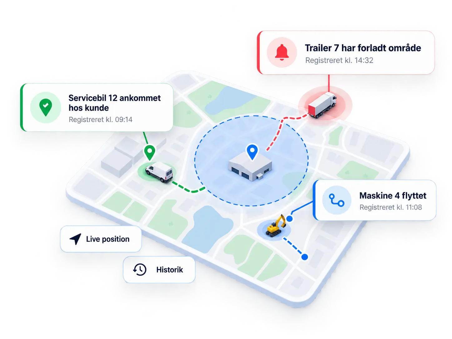 Geofence oprettet p&aring; kort omkring et omr&aring;de i GPS-platformen