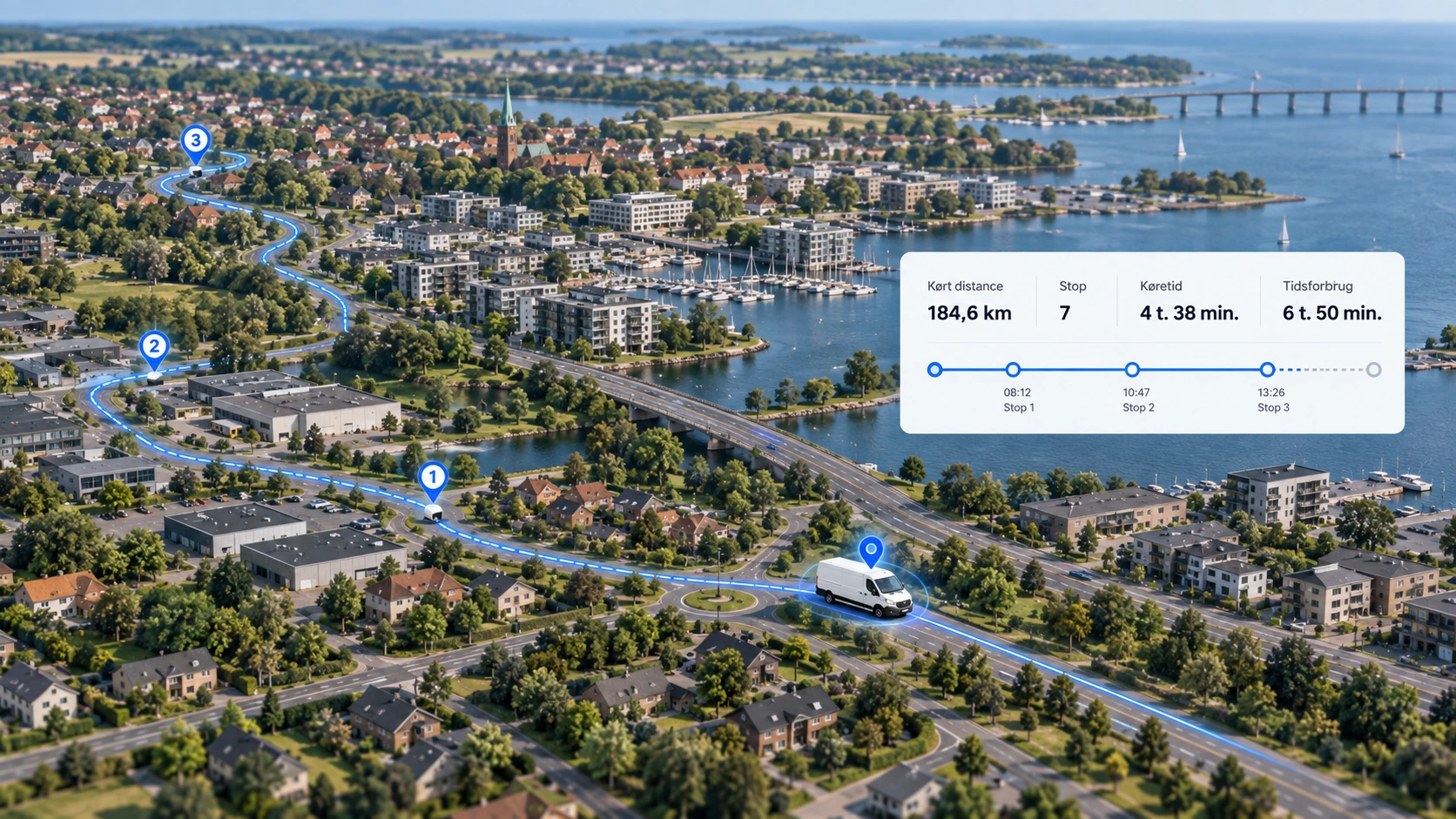 GPS fl&aring;destyring med rutehistorik og dokumentation