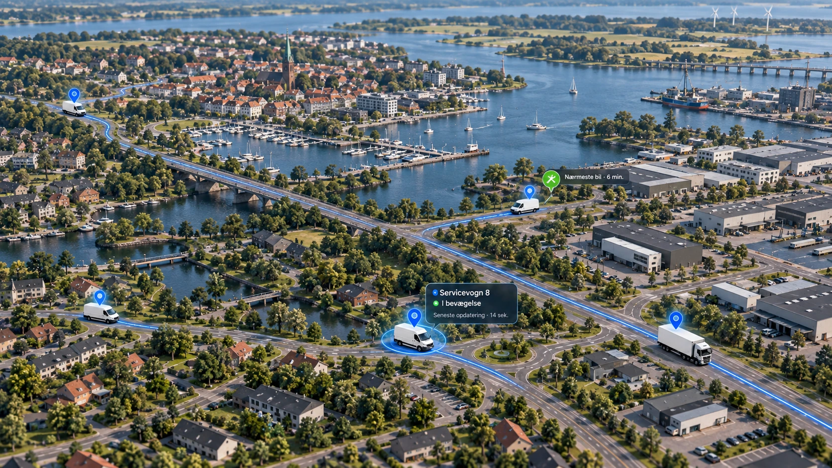 Live GPS fl&aring;destyring med k&oslash;ret&oslash;jer p&aring; kort