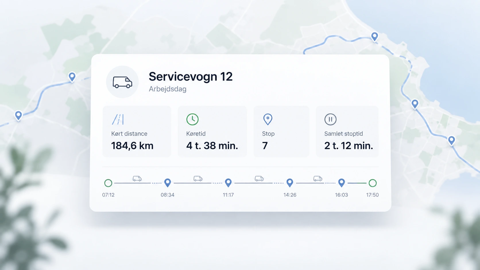GPS rapport med k&oslash;rsel, stop, distance og tidsforbrug i platformen
