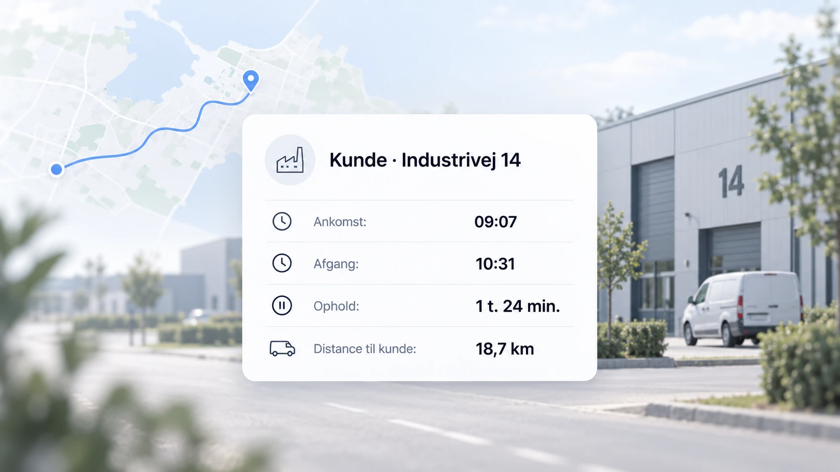 GPS rapport med stop hos kunde, ankomsttid og opholdstid