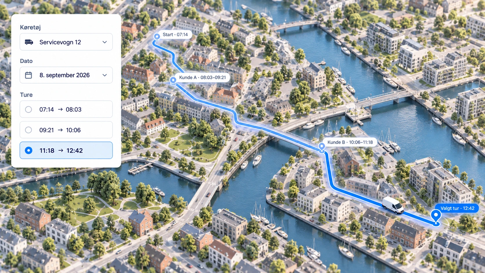 Valg af k&oslash;ret&oslash;j, dato og tidligere ruter i GPS-platformens historik