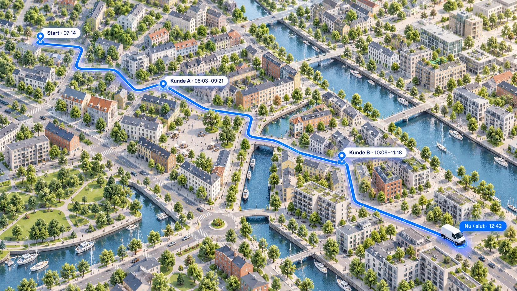 GPS rutehistorik med tidligere k&oslash;rsel, stop og positioner vist p&aring; kort
