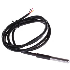 Sammenrullet temperaturf�ler med kabel og metalspids p� hvid baggrund