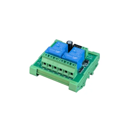 2-kanals 12V 30A rel�modul til DIN-skinne set fra en anden vinkel