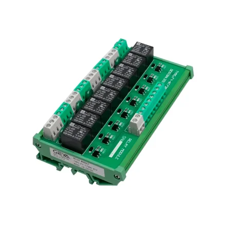 8-kanals rel�modul til DIN-skinne, 12V, med gr�nt kabinet og otte rel�er