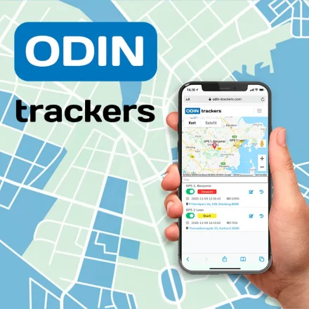 Banner for Odin trackers med GPS-tracker app p� mobiltelefon over bykort