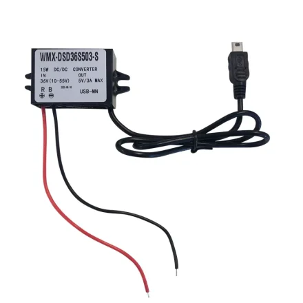 DC/DC-konverter 10-55V med r�d og sort ledning og mini-USB stik