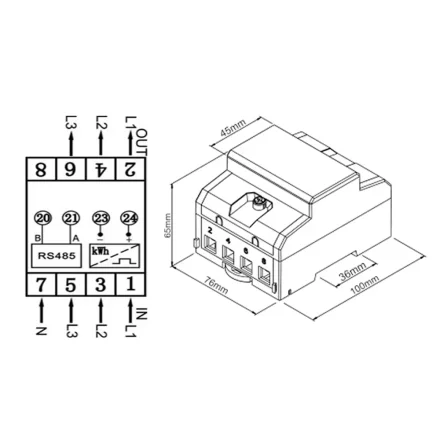 Tegning af 3-faset energim�ler med klemmeoversigt og m�langivelser