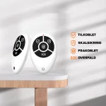 To fjernbetjeninger til alarmsystem med ikoner for tilkoblet, skalsikring, frakoblet og overfald