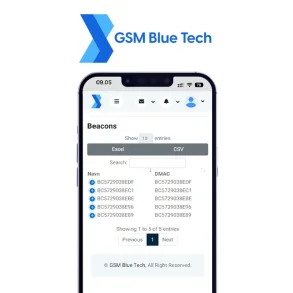 GSM Blue Tech logo og sk�rmbillede af app med oversigt over beacons