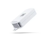 Hvid iBeacon-sender med ventilationsriller og monteringsbeslag, set skr�t fra siden