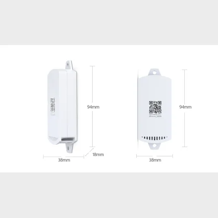 M�l og dimensioner for hvid iBeacon-sender, 94 x 38 x 18 mm, set fra to vinkler