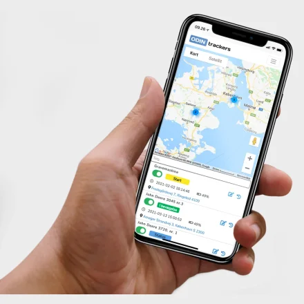 Odin trackers app p� mobil med kort og oversigt over k�ret�jer