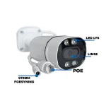 Hvid PoE bulletkamera med LED-lys, linse og str�mstik markeret