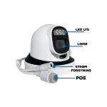 PoE turret-kamera med markering af LED-lys, linse, str�mforsyning og POE-tilslutning