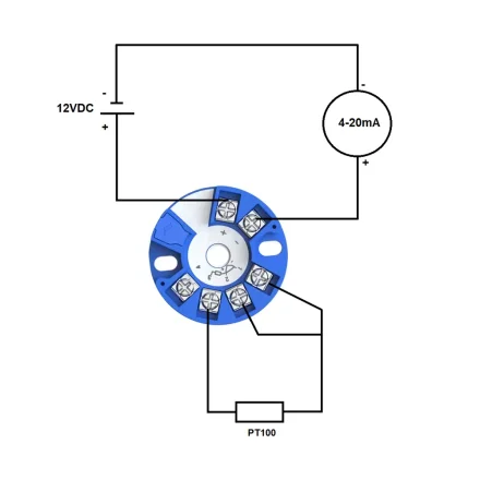 Diagram for tilslutning af rund PT100-transmitter med 12VDC og 4-20mA signal
