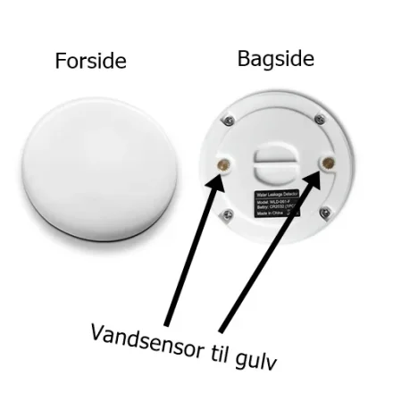 Vandalarm set forfra og bagfra med vandsensor til gulv