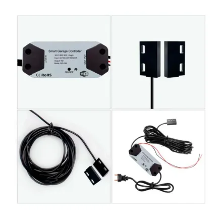 Smart WiFi garageportstyring med kontrolboks, magnetsensor og ledninger