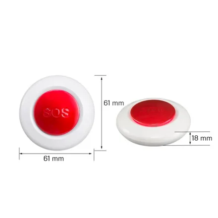 Rund SOS-n�dknap set forfra og fra siden med m�l p� 61 mm