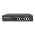PoE switch med 4 porte og 2 uplink-porte set forfra