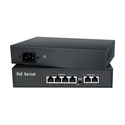 PoE switch set forfra og bagfra med str�mstik
