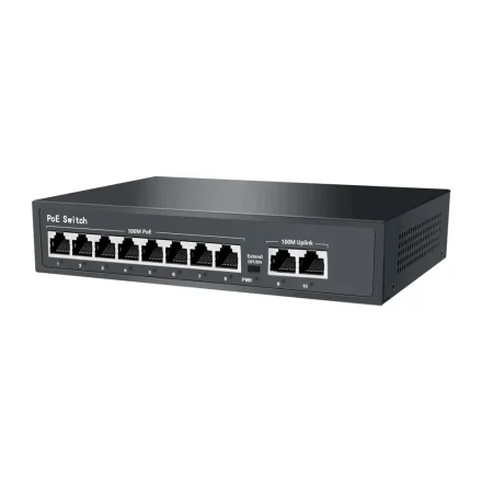PoE switch med 8 porte og 2 uplink-porte set skr�t forfra