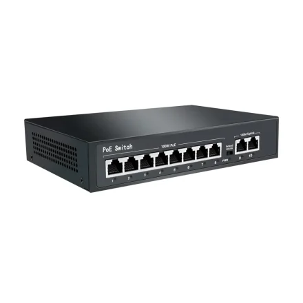PoE switch med 8 porte set fra siden med ventilationshuller