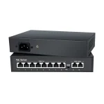 PoE switch med 8 porte set forfra og bagfra med str�mstik