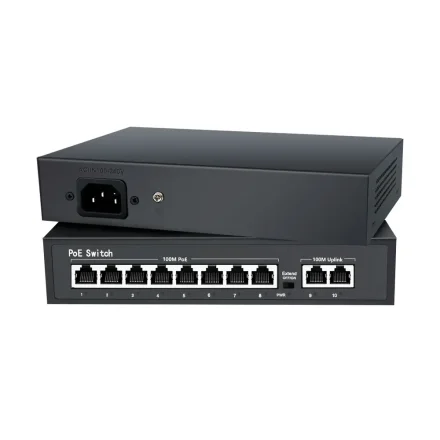 PoE switch med 8 porte set forfra og bagfra med str�mstik