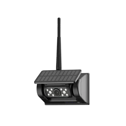 Tr�dl�st WiFi-kamera til trailer med solpanel og antenne, set fra siden
