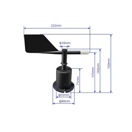 Vindretningssensor med m�l og dimensioner i mm