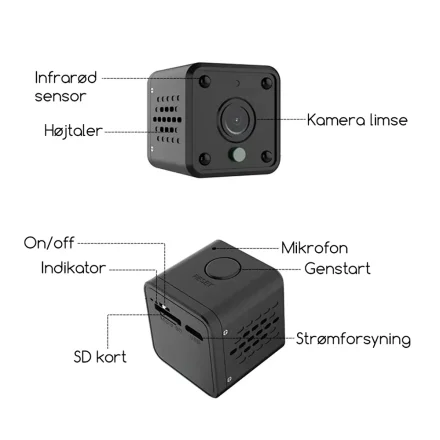 Mini WiFi-kamera med oversigt over infrar�d sensor, mikrofon, SD-kort og str�mstik